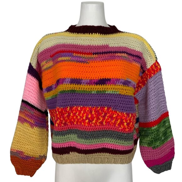 Scrap Yarn Colorful Crochet Sweater Jumper S Balloon Sleeve Crewneck Grandmacore - Picture 1 of 11